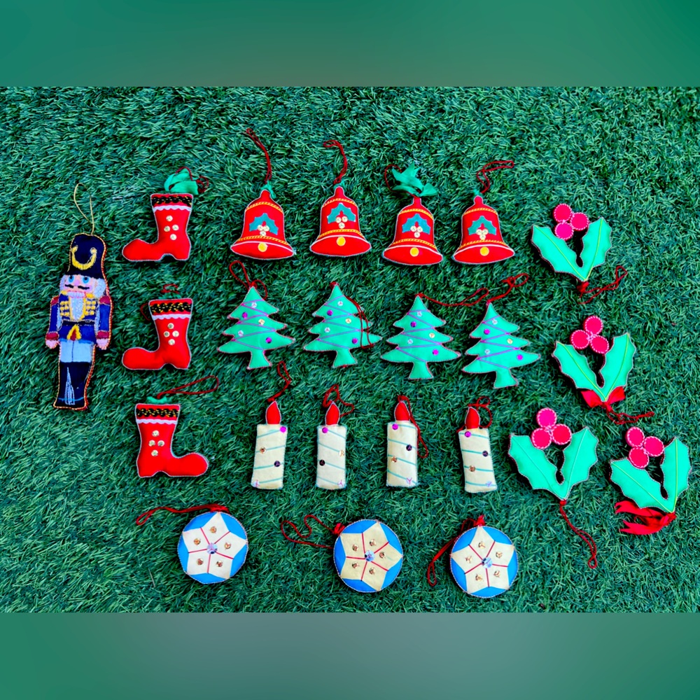 Lot of 23 Chinese Satin Embroidered Variety of Christmas Tree Ornaments Vintage